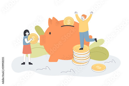 Tiny boy and girl putting gold coins in big piggybank. Children learning about money or financial literacy flat vector illustration. Childhood, finances, savings concept for banner or landing web page