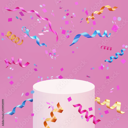 Cylinder podium with 3d realistic colorful confetti and ribbons on light background.