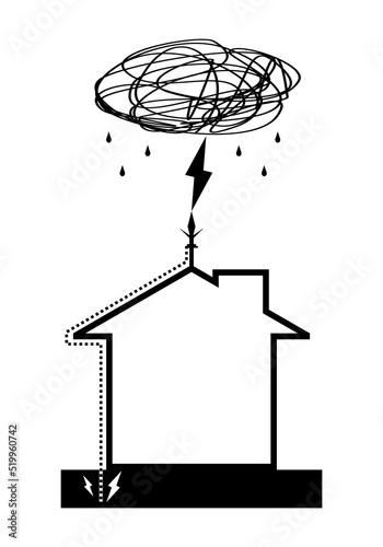Lightning rod on top roof of building house with thunder cloud rainstorm flat vector black icon design.