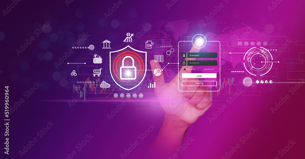 Fototapeta premium Businessman holding shield protect icon. Protection network security computer and safe your data concept, lock symbol, concept about security, cybersecurity and protection against dangers.