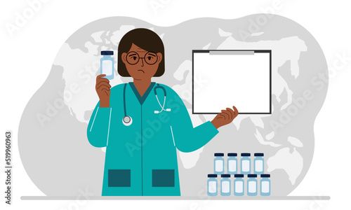 Pandemic, vaccination and health concept. Doctor with a bottle of vaccine.