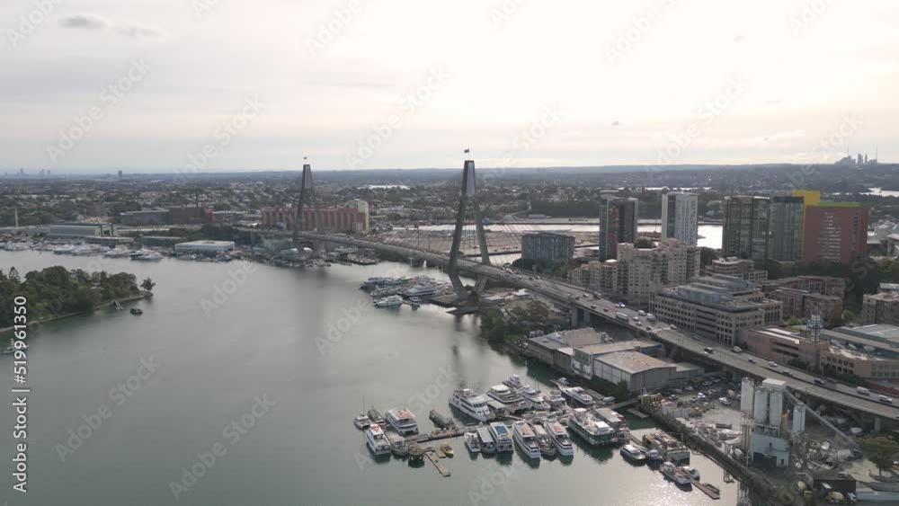 Aerial view of Anzac Bridge over the Sydney Harbour Marina. Pan left. Aerial view of Anzac Bridge over the Sydney Harbour Marina. Pan left.