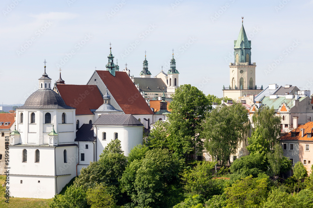 Aerial view on city with Monastery of the Dominican Fathers, St. John the Baptist Cathedral and Trinitarian Tower, Lublin, Poland