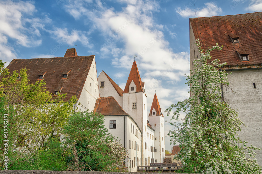 Fototapeta premium beautiful view of a castle in germany, old town in Ingolstadt, sakura blossom