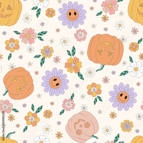Hippie Groovy Halloween Pumpkin Zombi Daisy florals vector seamless pattern. Retro 60s 70s Boho trick or treat autumn holiday vegetable background. Spooky Flower power surface design.
