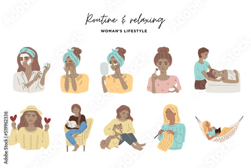 Hand drawn illustrations of woman with daily routine, me time, pastime, relaxing