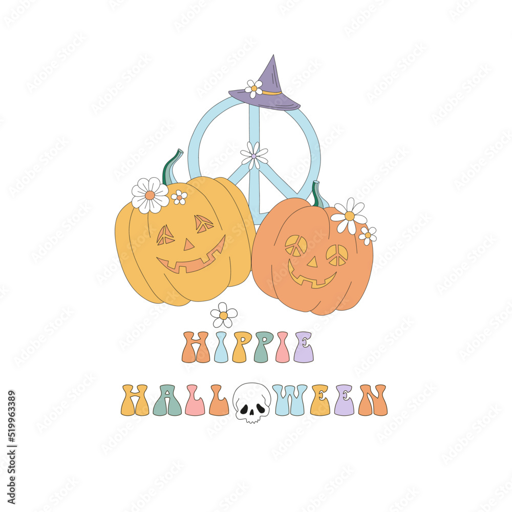 Premium Vector  Hippie halloween retro halloween cute tshirt design with  groovy style boo ghost pumpkin witch etc