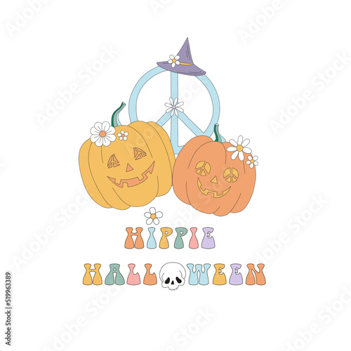 Hippie Groovy Halloween Pumpkin Zombi Peace sign Witch hat skull vector illustration isolated on white. Retro 60s 70s Boho spooky floral autumn holiday vegetable print for T-shirt design.