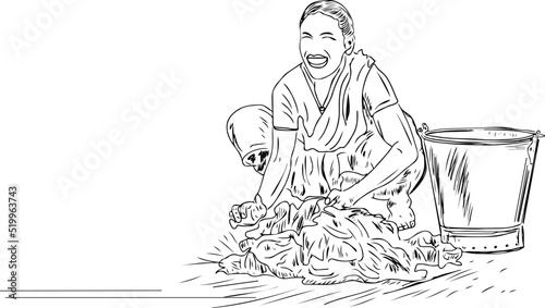 Sketch drawing of Indian young woman washing clothes in village, Line art illustration vector drawing of Indian Village woman washing clothes near village lake, Silhouette of Indian girl washing cloth