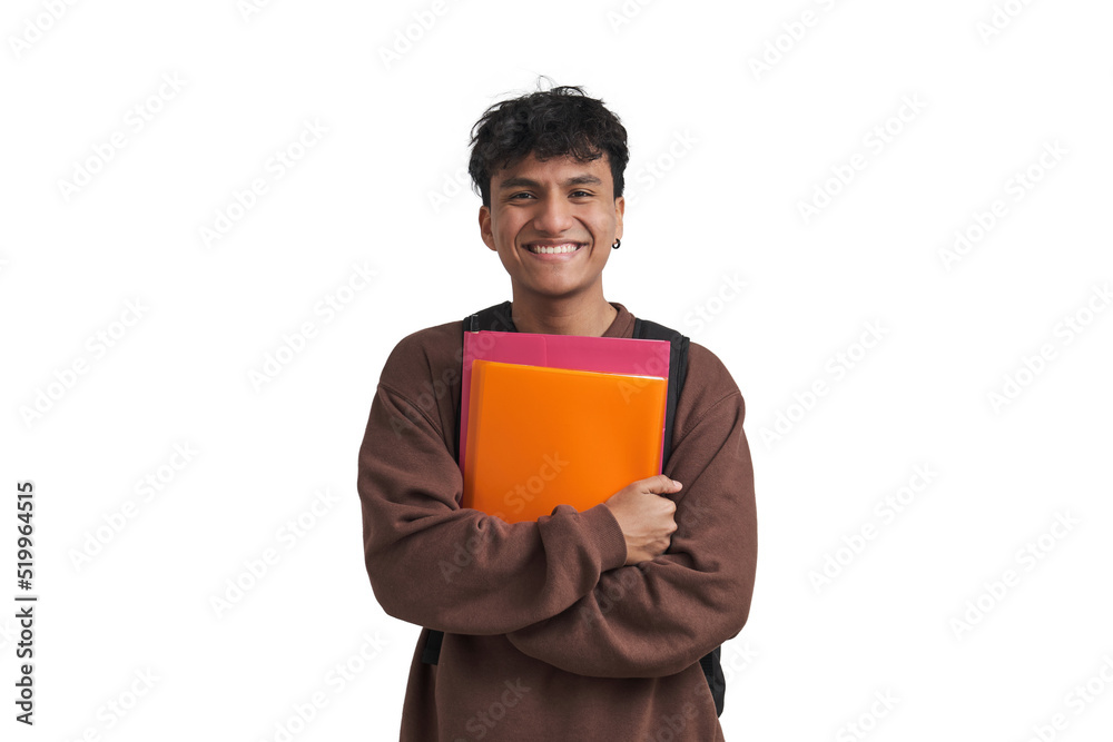 Young peruvian student smiling and holding folders and backpack. Isolated over white background. Young peruvian student smiling and holding folders and backpack. Isolated over white background.