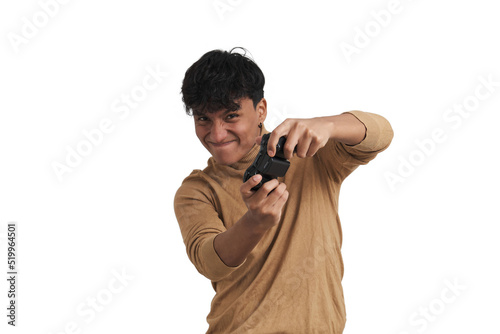 Young peruvian man man playing video games with a joystick. Isolated over white background.