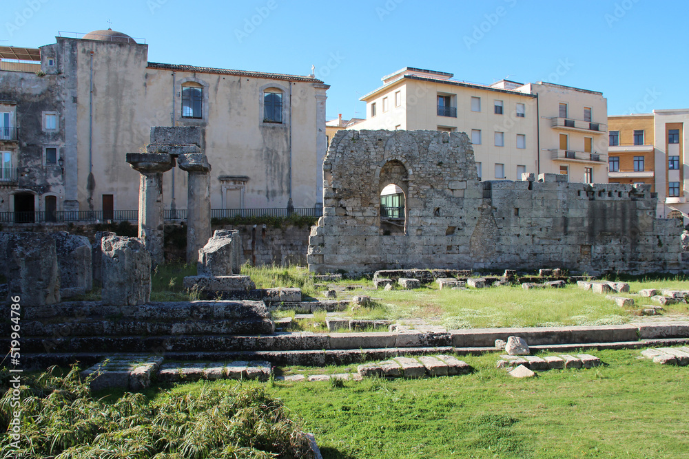 ruined greco-roman temple (apollo temple) in syracuse in sicily (italy) 