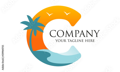 Blue and Orange Initial Letter C Island Resort Logo Design