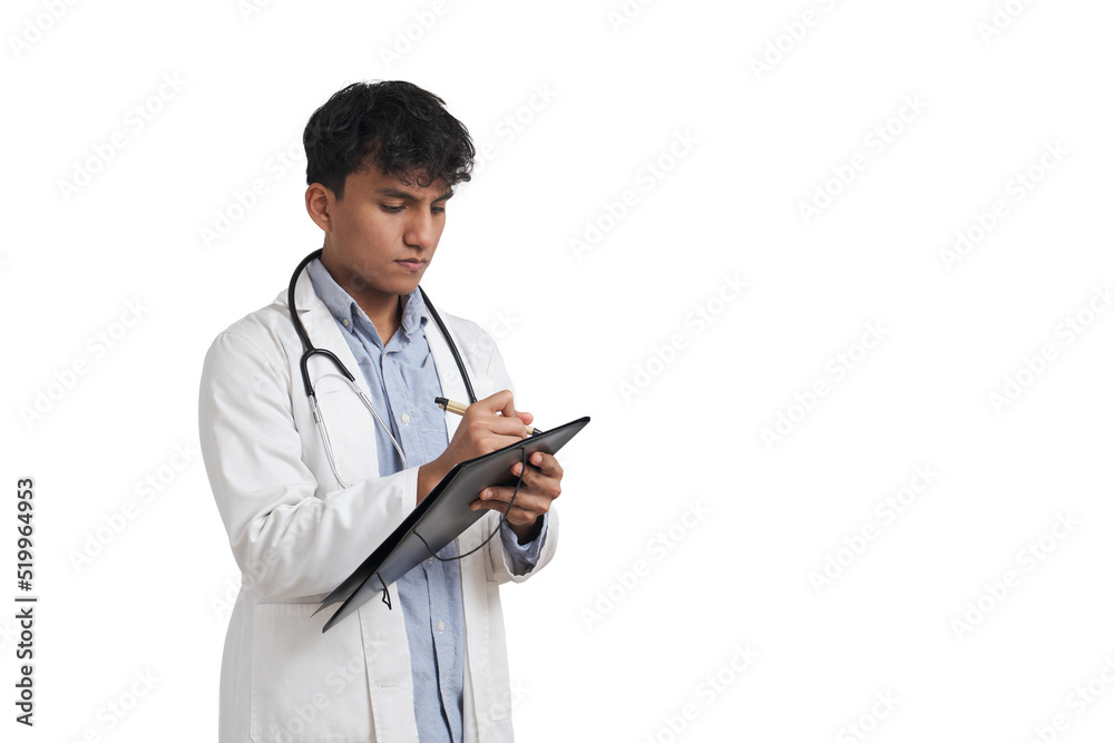 Young peruvian male doctor writing a medical report on a folder. Isolated over white background.