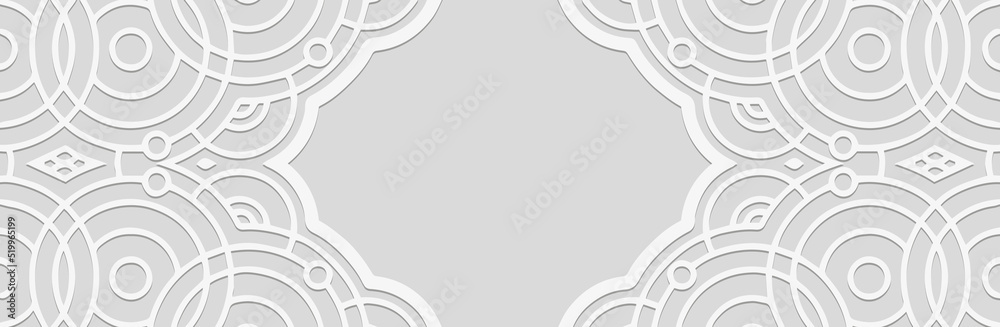 Banner, cover design. Embossed modern ethnic 3d pattern of circles and shapes on a light background, geometric art deco style. Tribal ornaments, textures for websites, presentations. Place for text. Banner, cover design. Embossed modern ethnic 3d pattern of circles and shapes on a light background, geometric art deco style. Tribal ornaments, textures for websites, presentations. Place for text.