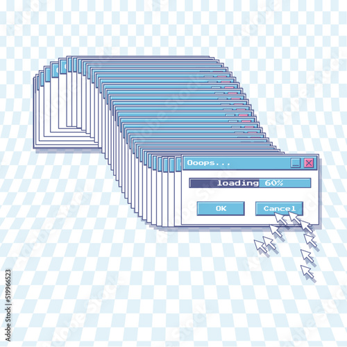 A frozen download window and a frozen computer mouse arrow. Retro screen. Nostalgic y2k aesthetics of the user interface of an old computer. Vector illustration on a blue checkered background.