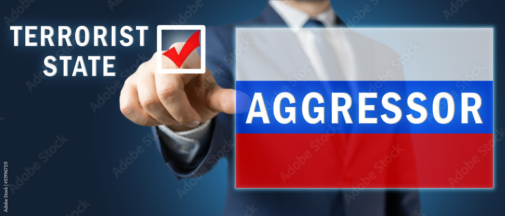 Sanctions against russia, politician man touches and declared russia is terrorist country, resistant russian aggression concept