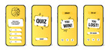 The template of the mobile application interface for the quiz on a yellow background. Test, exam, questions and answers for a TV show. Vector illustration of EPS10