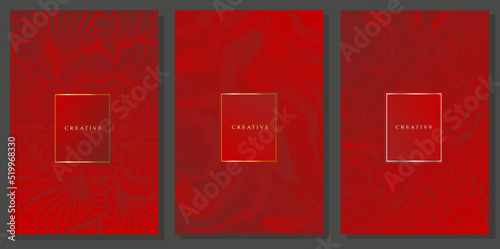 Luxury design cover set. Red gradient, abstract background, brushstrokes and  floral. Elegant and vibrant vector pattern with gold and silver frame for logo