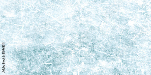 Natural snowy ice texture with scratches, space for text, ideas. Holiday winter background, long picture