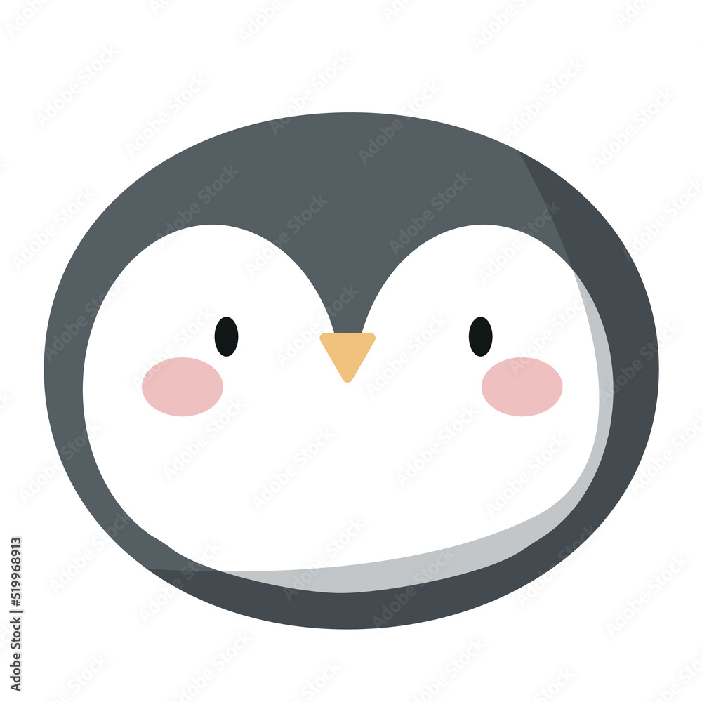 Cute animal face, avatar, muzzle, penguin head. Nursery character card for childish design of wrapping paper, fabric, textile, poster, invitation, graphic, print. Flat cartoon vector illustration