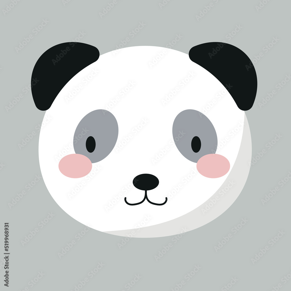 Cute panda face, bear muzzle, animal head, portrait. Nursery character card for childish design of wrapping paper, fabric, textile, poster, invitation, graphic, print. Flat cartoon vector illustration Cute panda face, bear muzzle, animal head, portrait. Nursery character card for childish design of wrapping paper, fabric, textile, poster, invitation, graphic, print. Flat cartoon vector illustration
