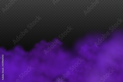 Realistic scary mystical violet fog in night Halloween. Purple poisonous gas, dust and smoke effect.