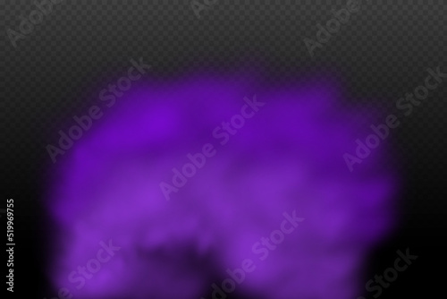 Realistic scary mystical violet fog in night Halloween. Purple poisonous gas, dust and smoke effect.