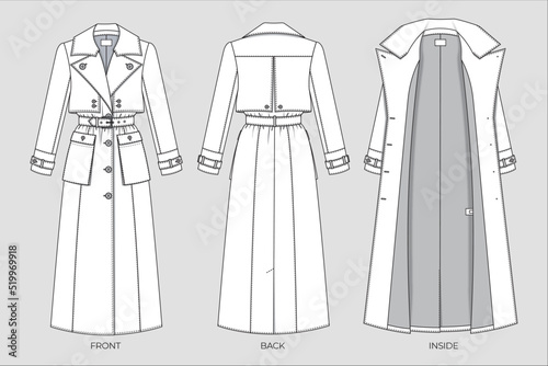 Women's Designer Trench Coat Technical Flat Sketch
