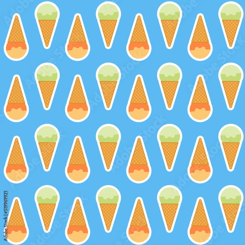 Orange green scoop of sorbet ice cream in a waffle cone on a blue background