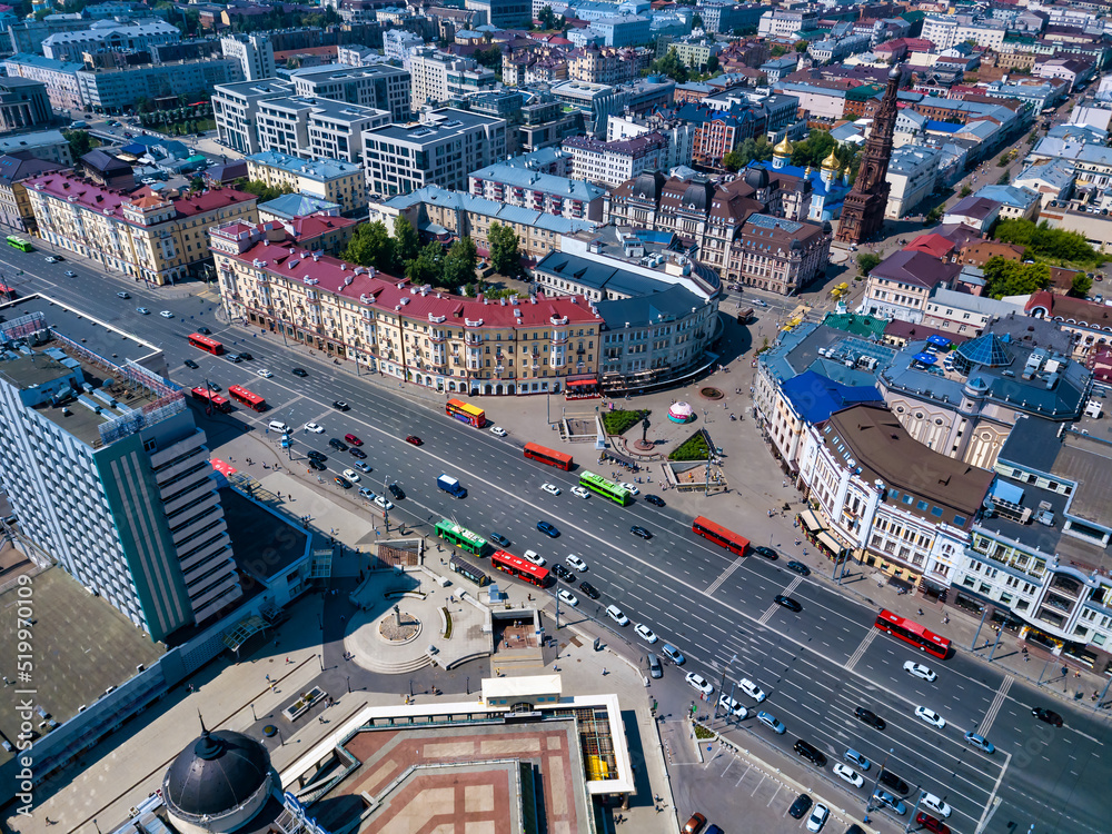 Center of Kazan. View of Tukai Square (Koltso). The intersection of Bauman Street and Pushkin Street. Large urban transportation hub. There are sights, hotels, stores and cafes.
