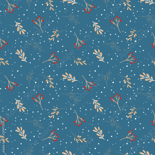 Winter seamless vector pattern with Holly berries and leaves. Part of the collection of Christmas backgrounds. Can be used for wallpaper, fill patterns, surface texture, fabric prints.