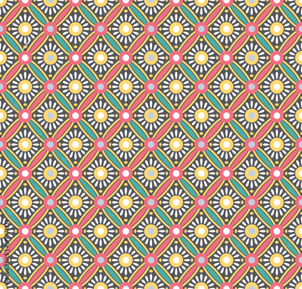 Japanese Colorful Circle Diamond Flower Vector Seamless Pattern