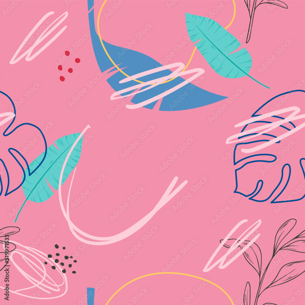 Seamless tropical leaves. Wallpaper. Pattern. For banner, postcard and posters. Vector. Hand drawn doodle elements: dots, circles, doodles.