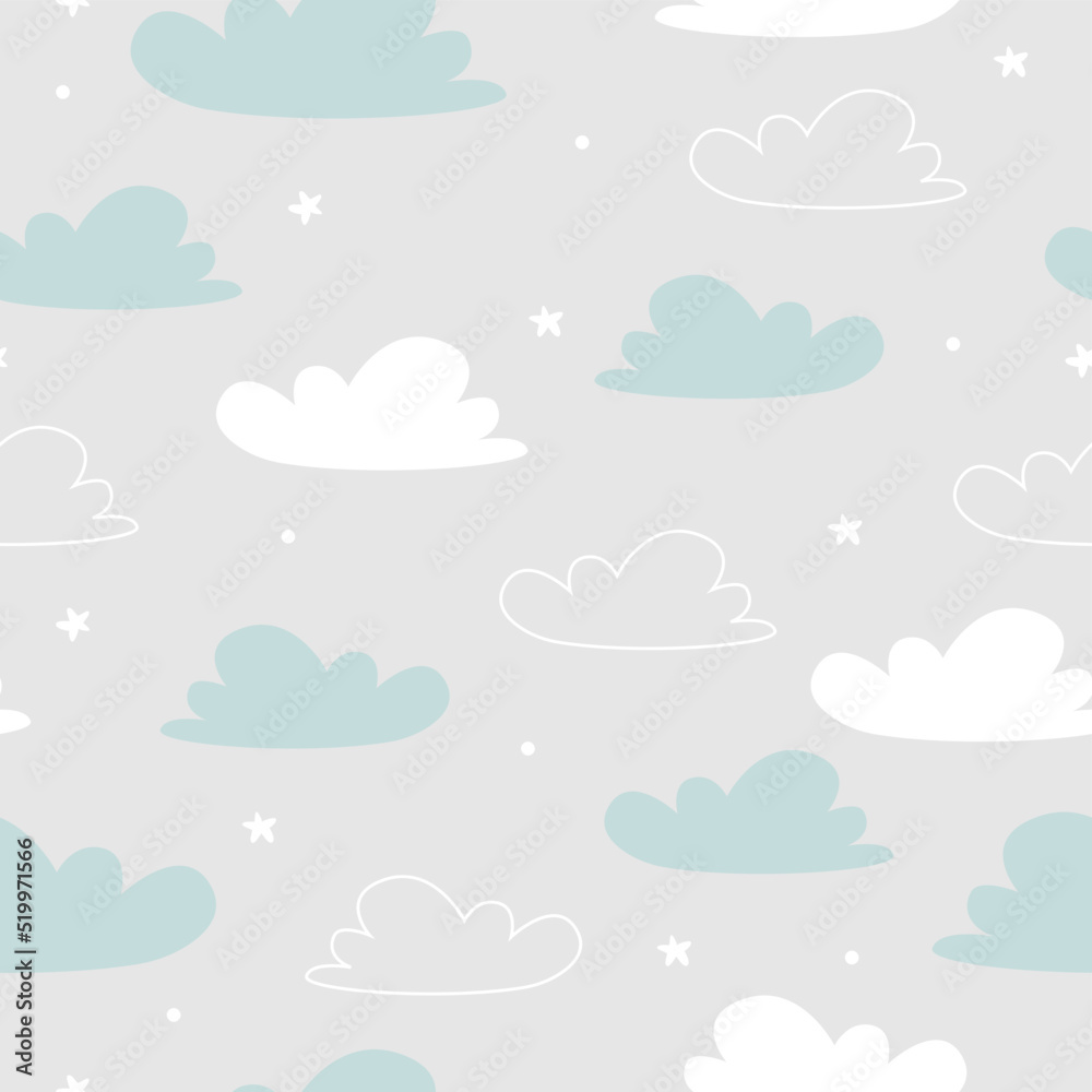 Vector hand drawn modern childrens wallpaper. Airy cute clouds and