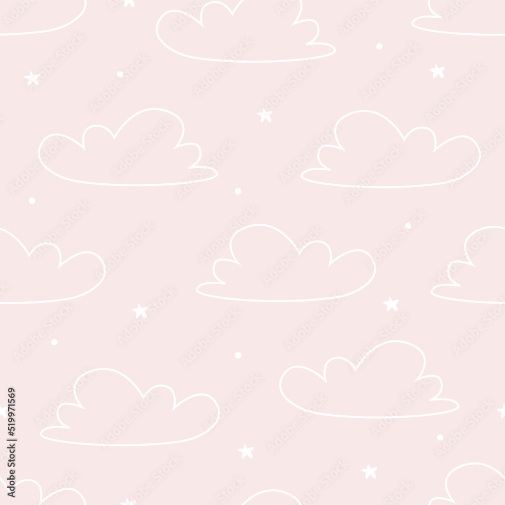 Vector hand drawn modern childrens wallpaper. Airy cute clouds and stars on a pink background. Seamless pattern. Scandinavian style. To decorate a child's room. Wallpaper for a little princess.