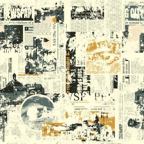 Seamless pattern in grunge style with magazine and newspaper fragments. Abstract vector background with illegible text, headlines, illustrations and human eyes. Wallpaper, wrapping paper, fabric