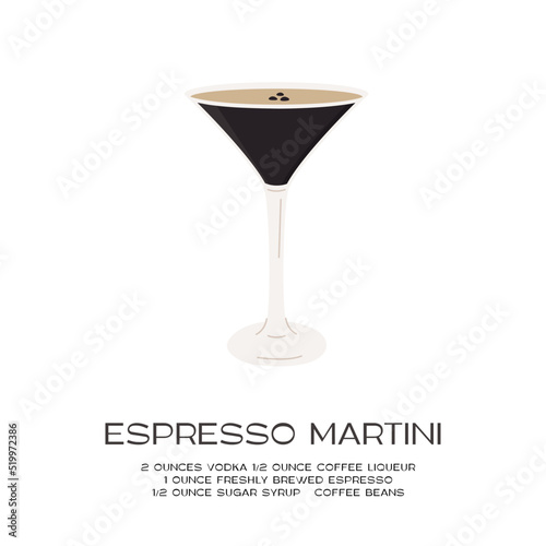 Espresso Martini Cocktail in martini glass garnished with coffee beans. Minimalistic print with recipe of aperitif. Wall art poster with alcoholic beverage on white background. Vector illustration.