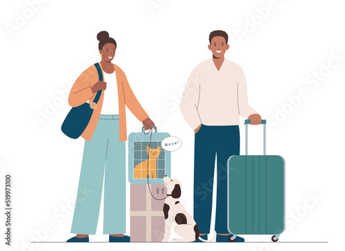 African American married couple goes on trip with pets. The concept of traveling with pets cat and dog.