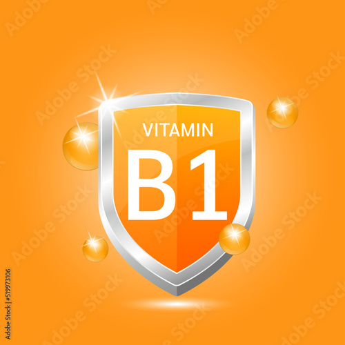 Vitamin B1 shield with orange atom circle bubbles surround. Protect body stay healthy. Medical scientific concept. For nutrition products food.  Vector illustration 3D. Natural extracts.