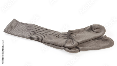 Pair of thick military boot socks on a white background