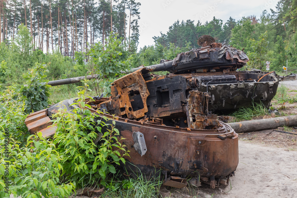 Russian tanks destroyed on forest edge, invasion of Ukraine, 2022