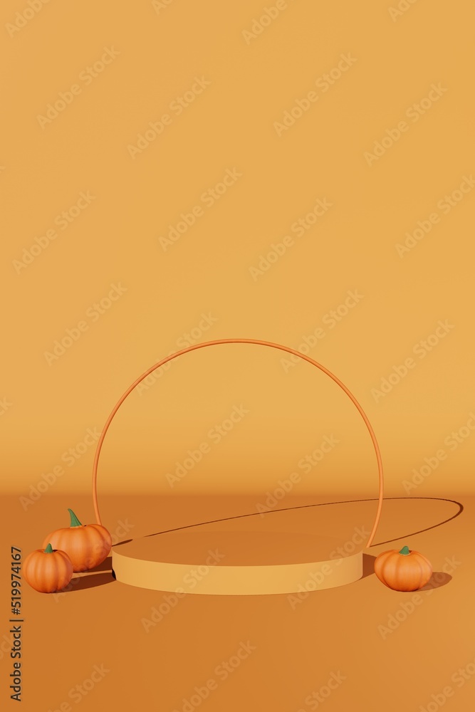 Fall creative concept pumpkin matte podium scene 3D rendering. Halloween Thanksgiving seasonal sale design. Product stage promotion showcase. Autumn art presentation. Trendy modern holiday decorations