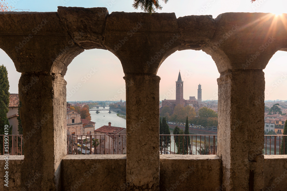 Verona. Veduta dal teatro romano verso la città con il fiume Adige
