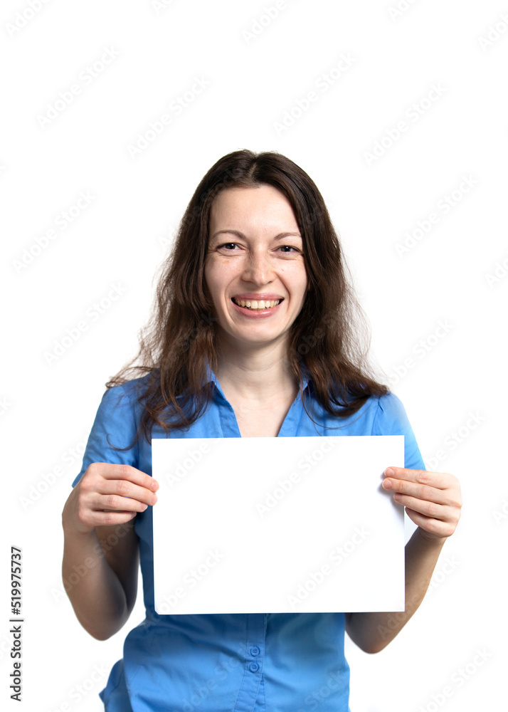 Smiling middle-aged woman with freckles holding empty blank paper sheet on white background, having idea, want to speak. Smiling middle-aged woman with freckles holding empty blank paper sheet on white background, having idea, want to speak.
