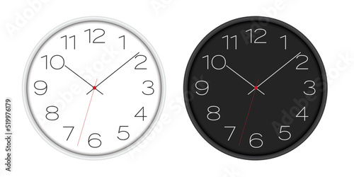 Set of realistic illustrations of wall clocks with dark and light dials. Black and white numbers with red center, vector