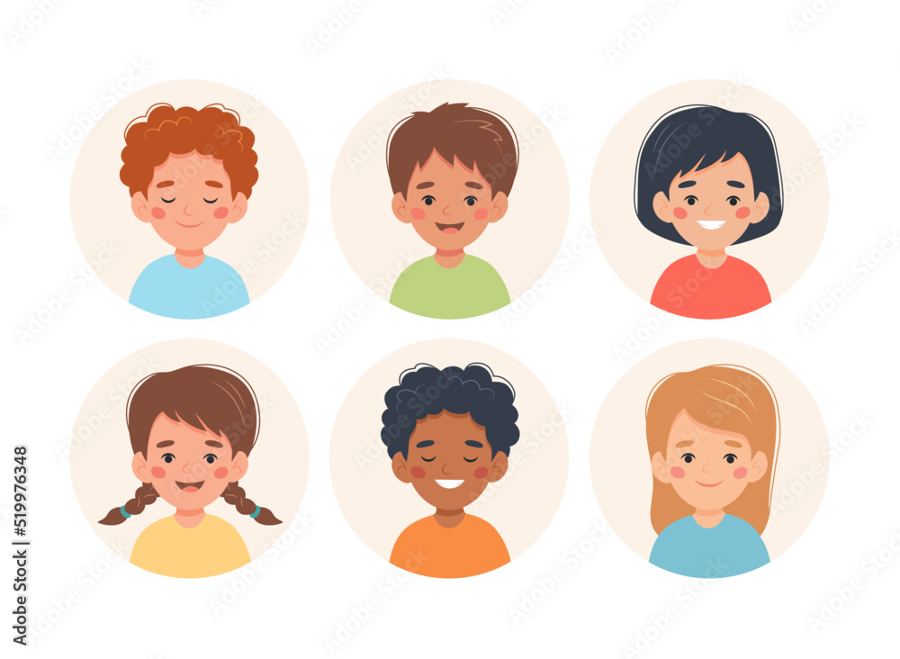 Children set, little boys and girls of different nationalities in circle avatars. Vector illustration in flat cartoon style Children set, little boys and girls of different nationalities in circle avatars. Vector illustration in flat cartoon style