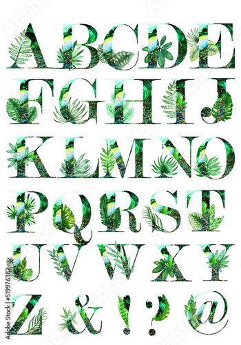 Collection.Watercolor emerald alphabet with gold sprinkles decorated with tropical leaves, branches with berries, exotic.Wedding stationery item.Hand painted from A to Z. Suitable for printing posters