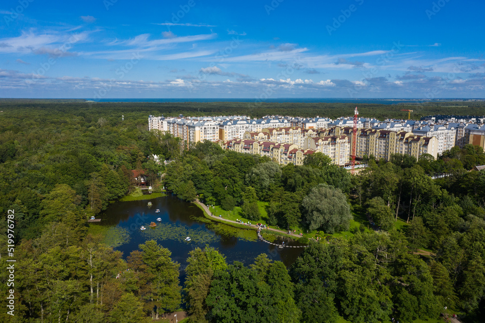 The new residential area near lake in Zelenogradsk, view from drone
