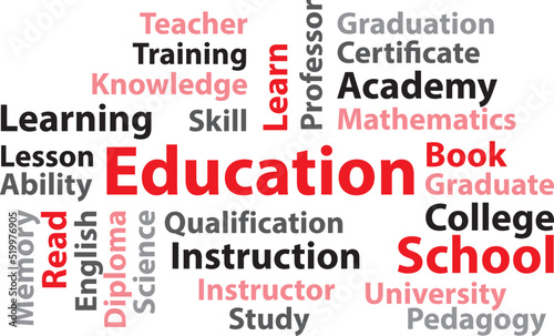 Education word cloud. Red and vector illustration poster banner.